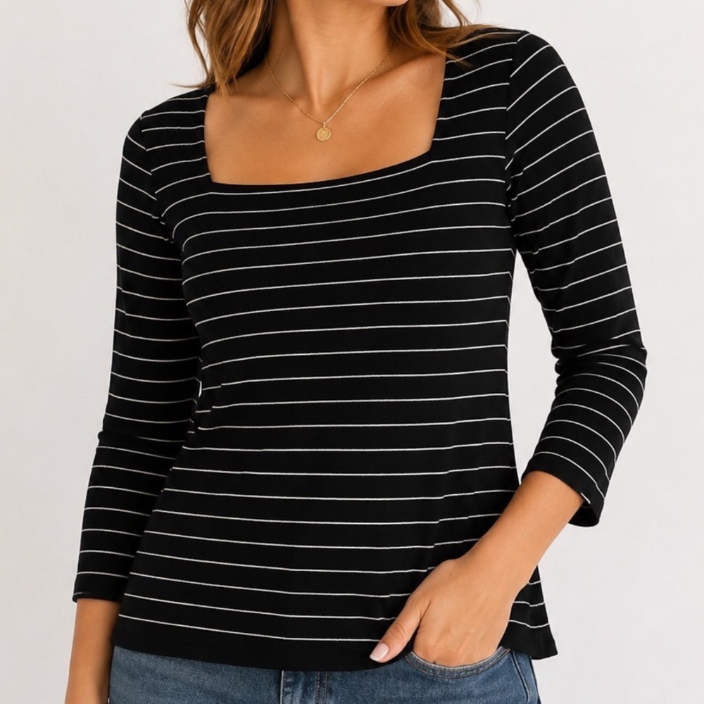 VTG Talbots Womens Black White Striped Square Neck Knit Top Medium Classic Goth